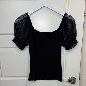 Black Sheer Polka Dot Balloon Sleeve Blouse